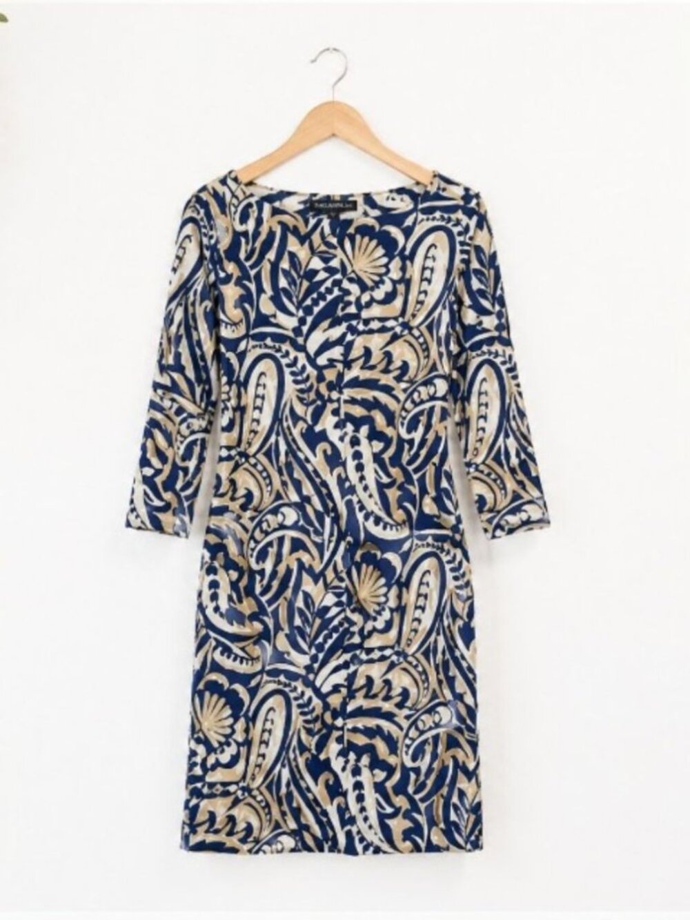 J McLaughlin Imogen Paisley Shift Dress XS Navy Tan Sheath 3/4 Sleeve
